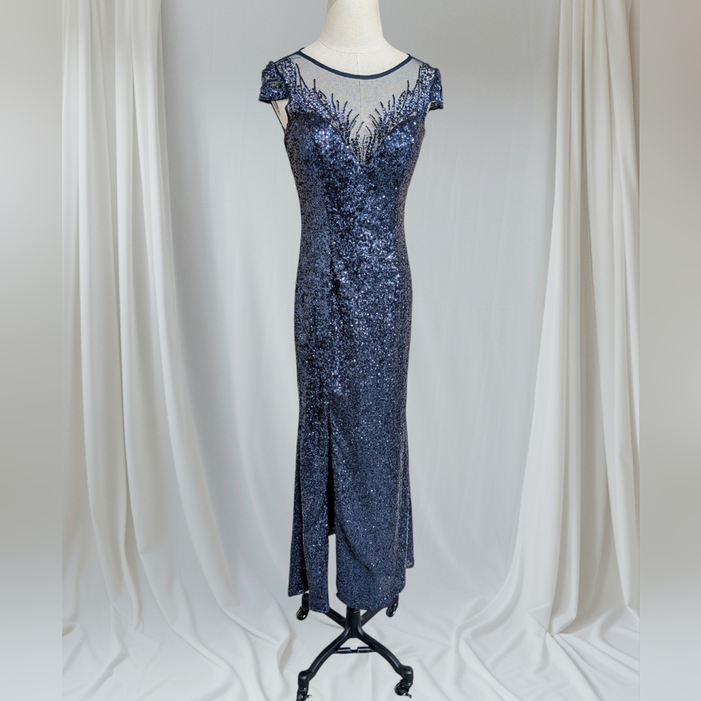 Sean Couture Blue Sequin Illusion Mesh Formal‎ Gown